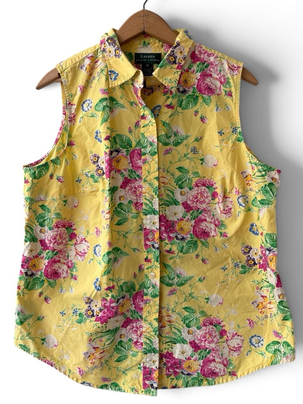 Lauren Ralph Lauren Yellow Floral Cotton Sleeveless Button Down Shirt 1X